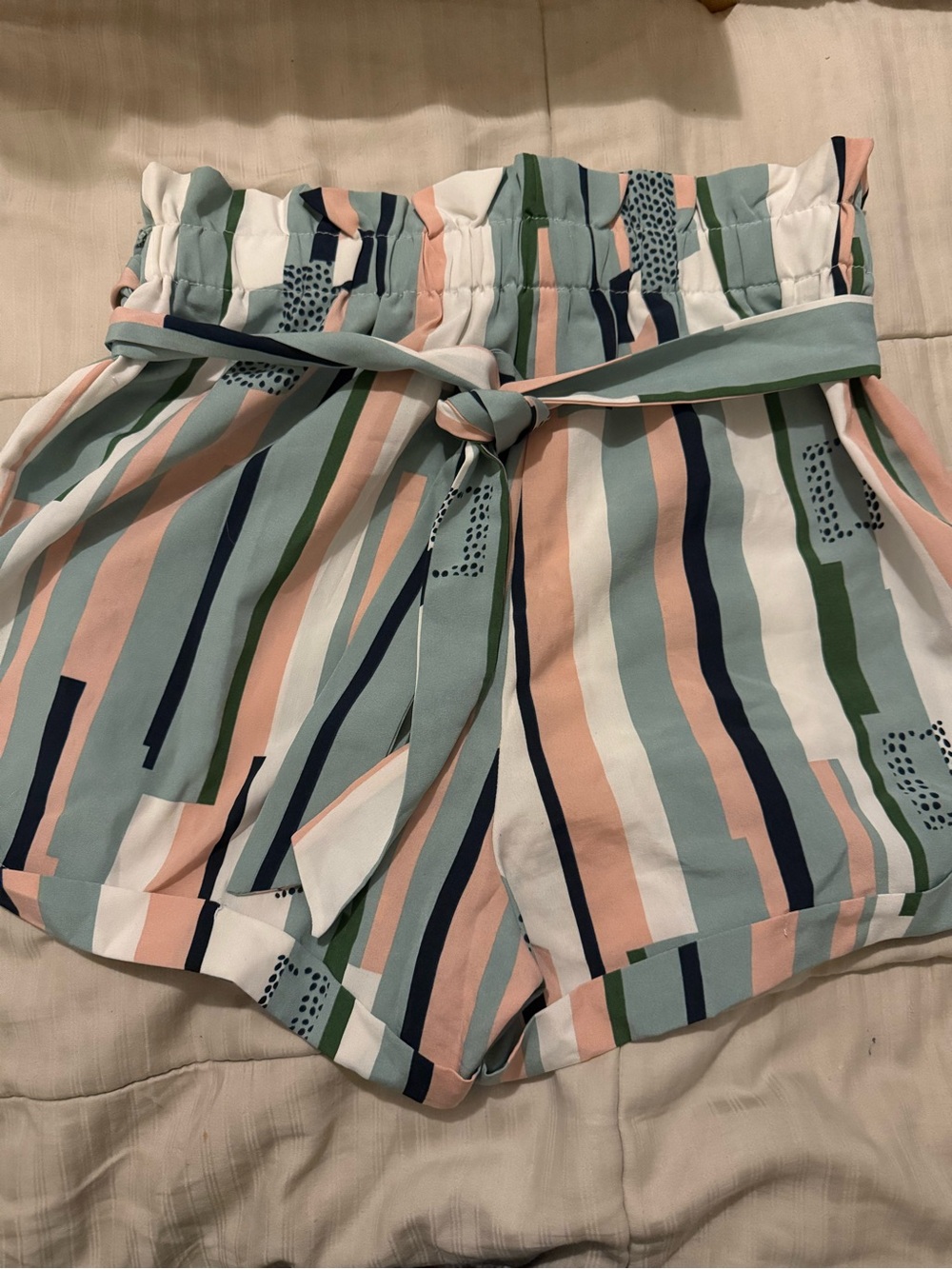 More Than Magic High-Waist Striped Paperbag Shorts - Green, Pink, Navy, White